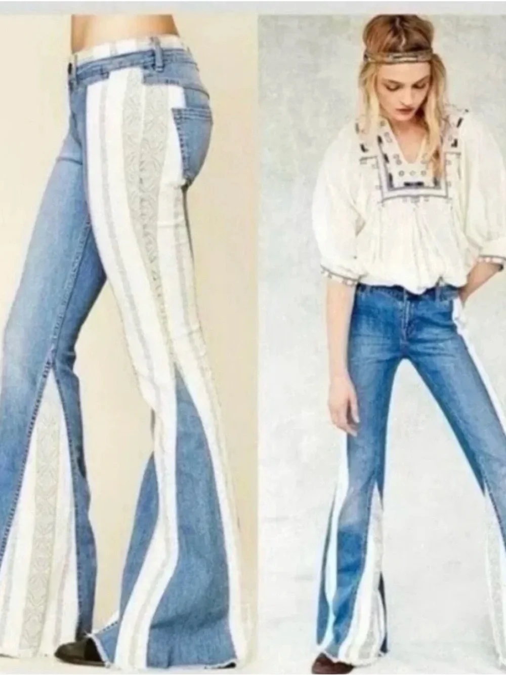 Free People Danica Flare Blue Denim Jeans Womens Size 26 Hippie Boho Festival